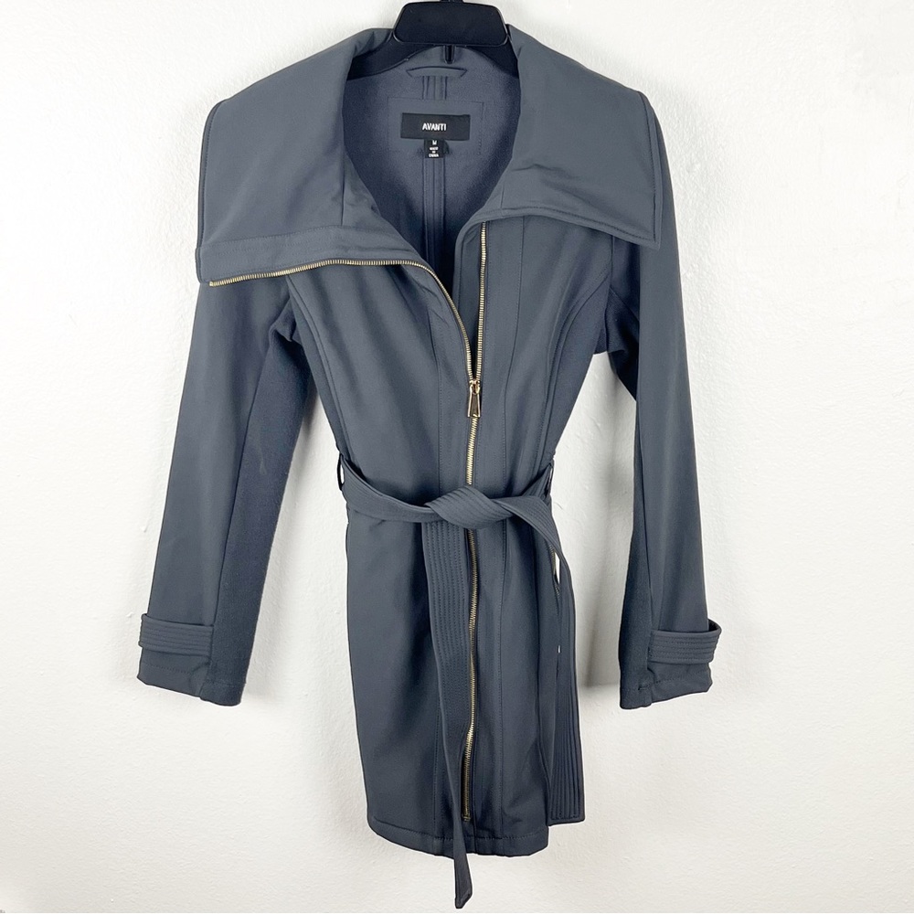 AVANTI Dark Gray Belted Front Zipper Knit Side Panels Trench Coat, Size Medium